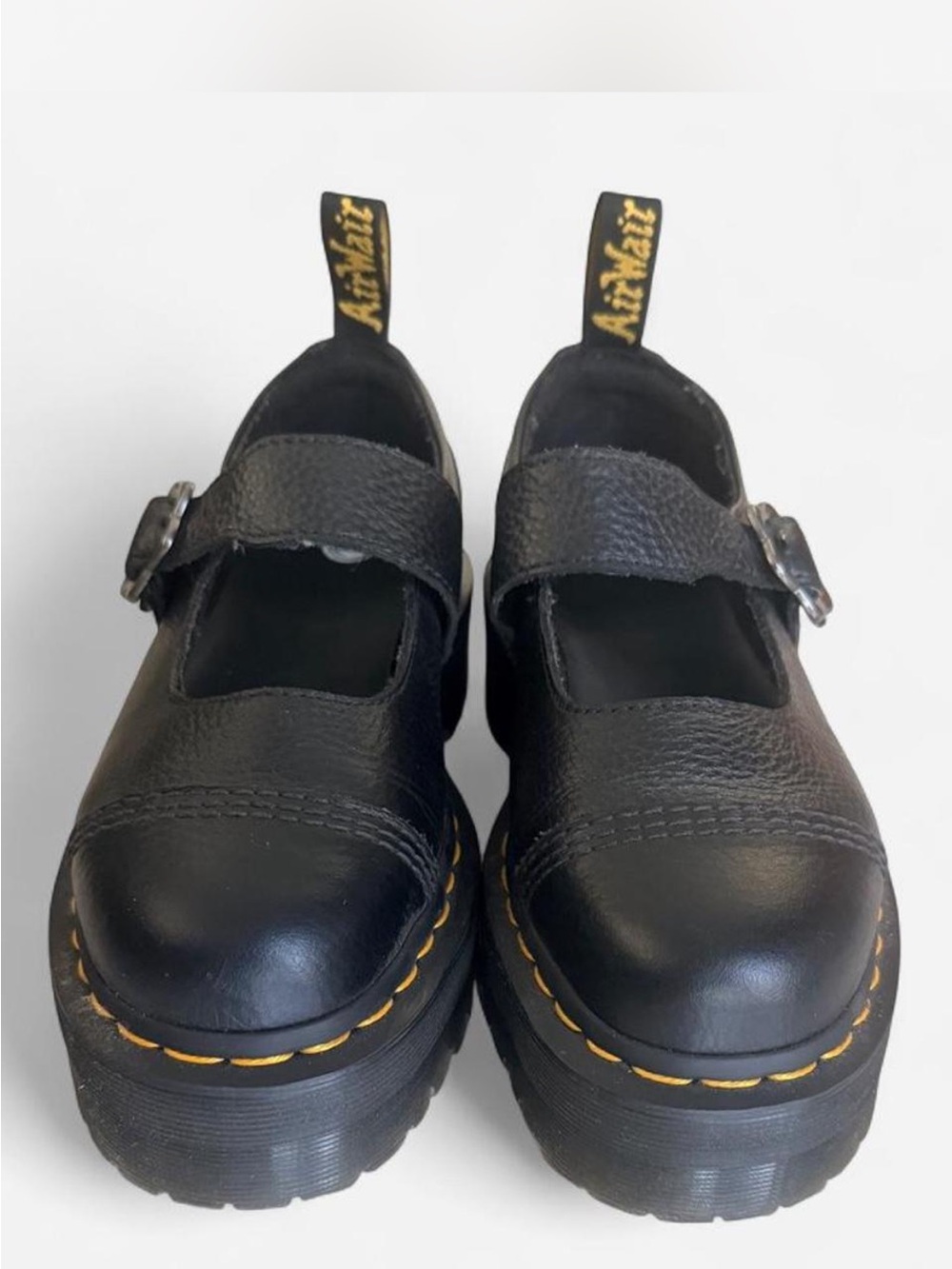 Dr. Martens Black Leather Mary Jane Shoes with Yellow Stitching
